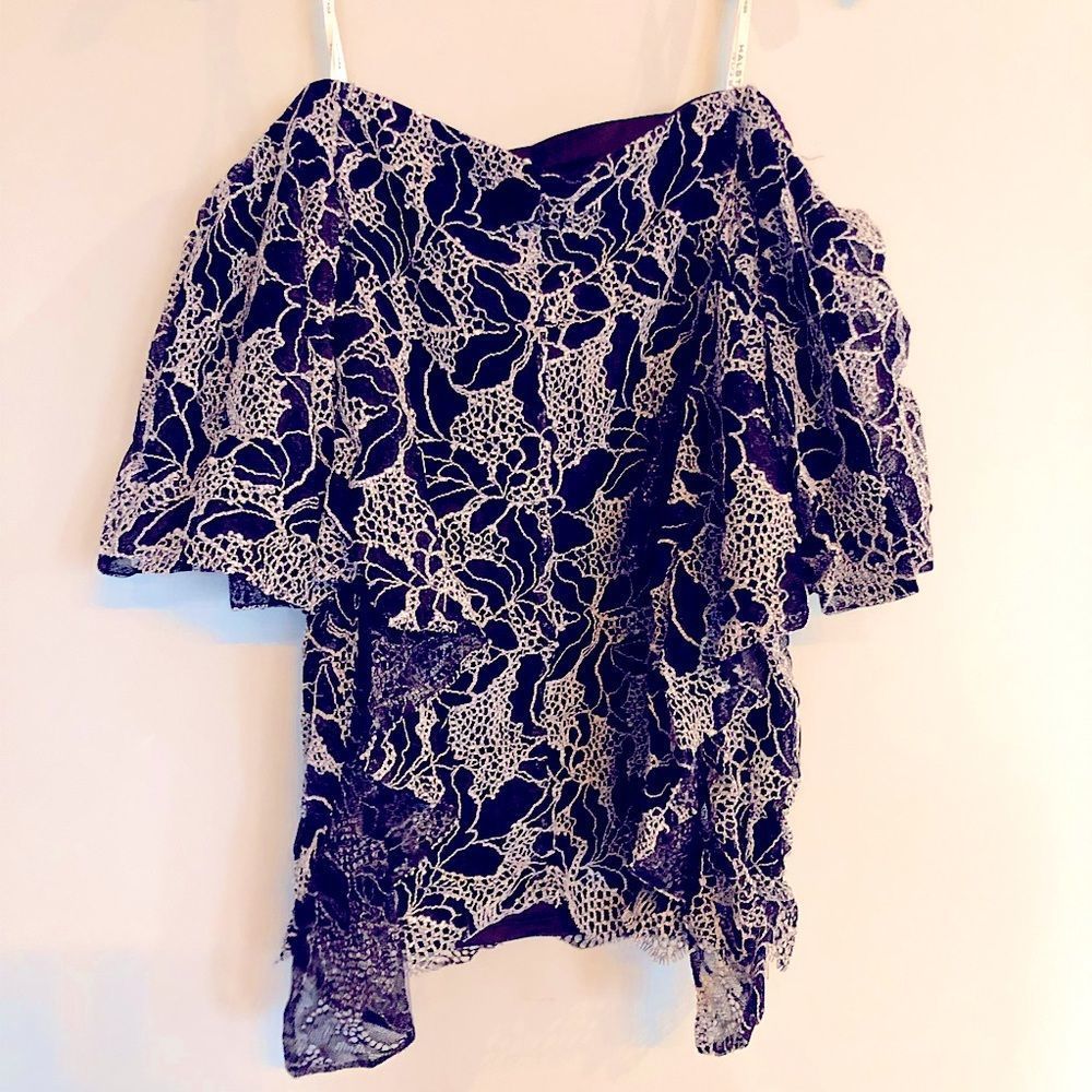 Halston Heritage Off the Shoulder Flounce Mesh Lace Embroidered Top 12 14 - Picture 6 of 8